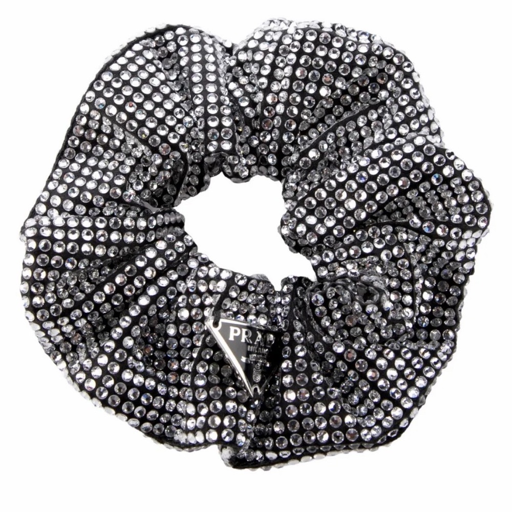 Prada Black Crystal-Studded Hair Scrunchie with Logo Plaque